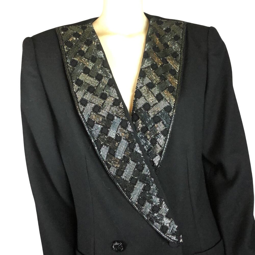 1980s–90s Vintage John Meyer of Norwich Black Beaded Shawl Collar Blazer large - Picture 2 of 13